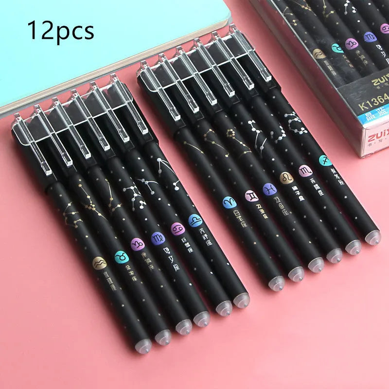 12-pack cartoon erasable gel pens with 0.5mm tip, plastic barrel, cap closure, crystal blue ink