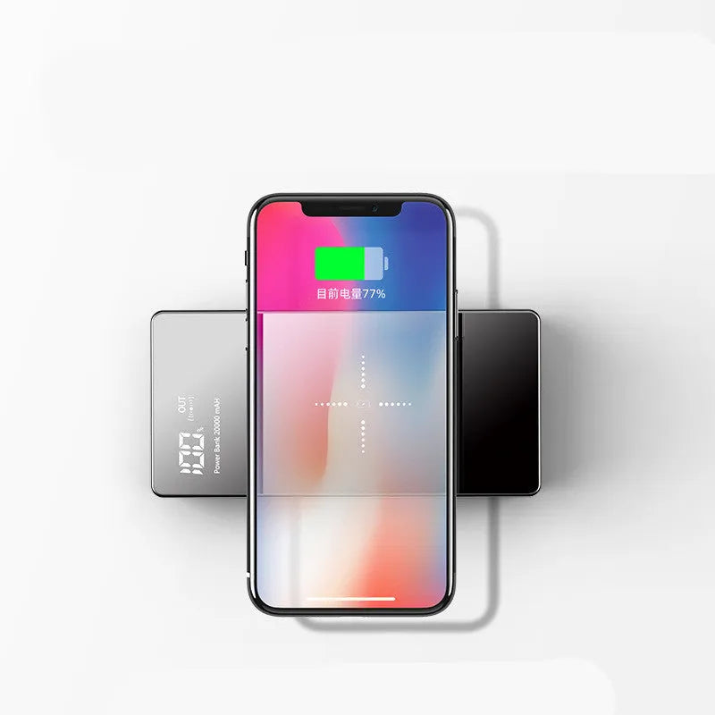 20000mAh wireless power bank with digital display and mirror finish in black and white