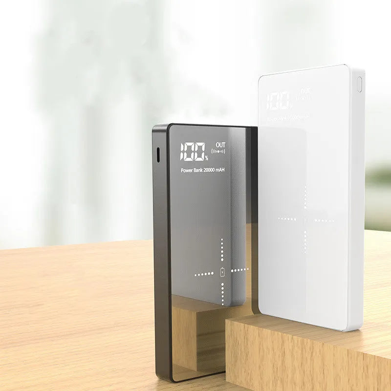20000mAh wireless power bank with digital display and mirror finish in black and white