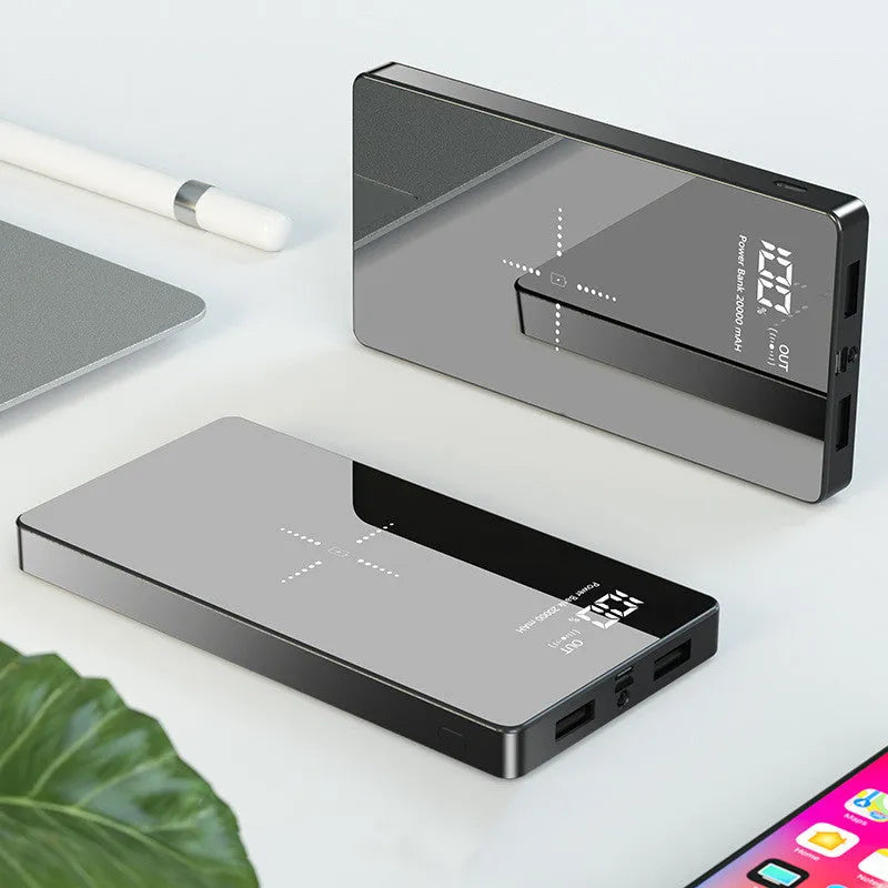 20000mAh wireless power bank with digital display and mirror finish in black and white
