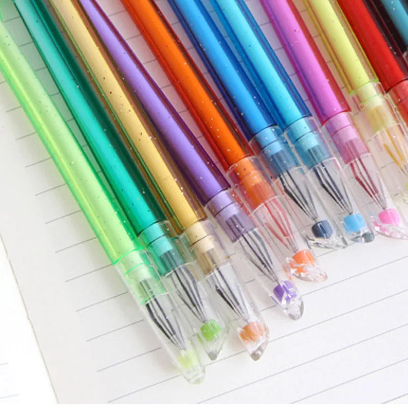 12 decorative feather peacock gel pens with 0.5mm tips in assorted colours on a white background