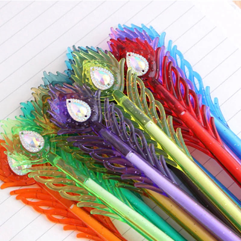 12 decorative feather peacock gel pens with 0.5mm tips in assorted colours on a white background
