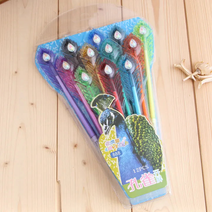 12 decorative feather peacock gel pens with 0.5mm tips in assorted colours on a white background
