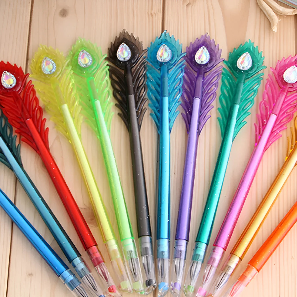 12 decorative feather peacock gel pens with 0.5mm tips in assorted colours on a white background