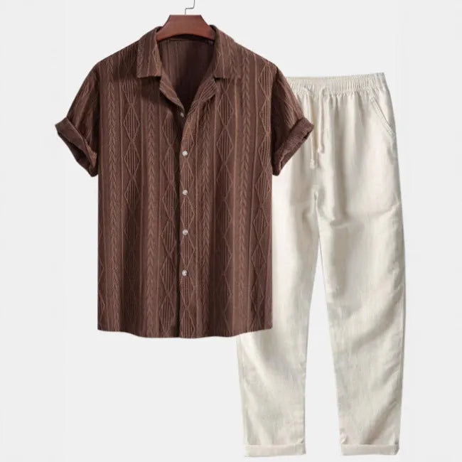 Men's slim fit camouflage print linen shirt and trousers casual set.