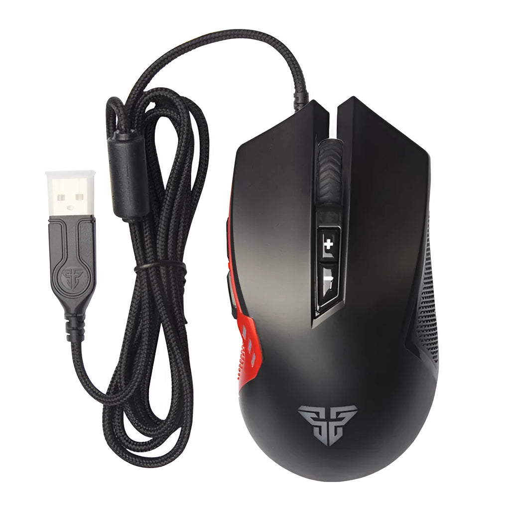 Black USB wired gaming mouse with 7 buttons and 4000 DPI optical sensor on a computer desk
