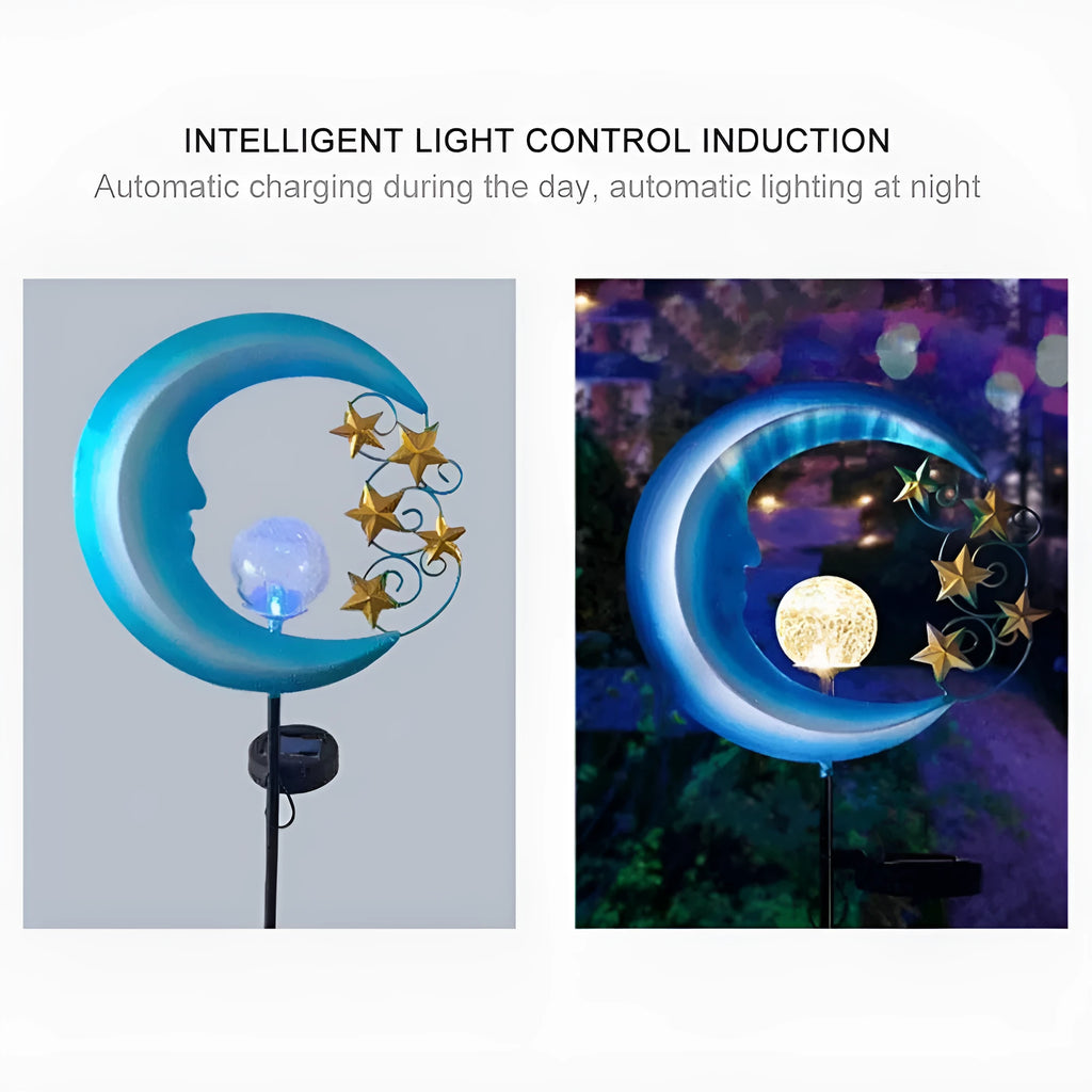 Solar hollow wrought iron blue moon LED lawn light with crack glass ball on grass