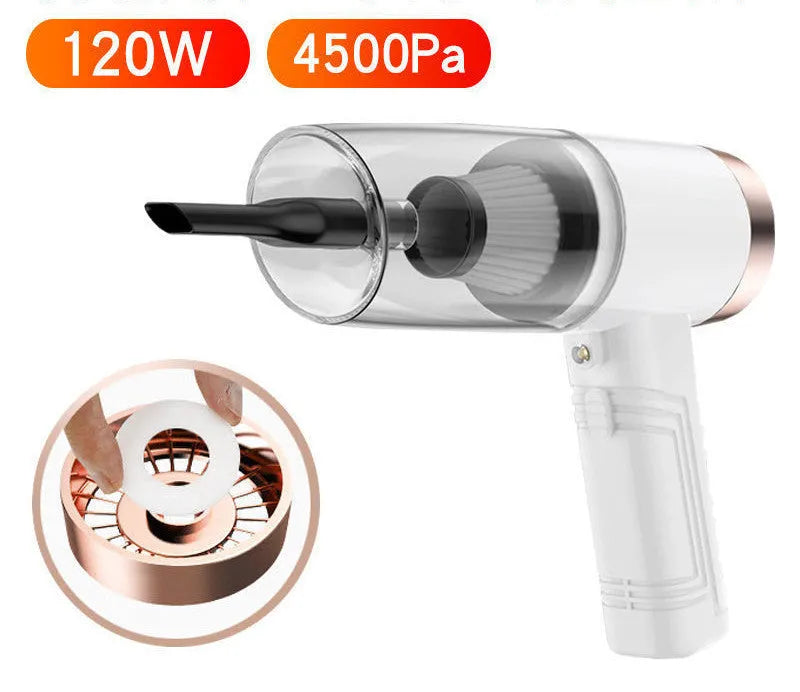 Black and white portable car vacuum cleaner with long cord and suction attachments for car and home use.