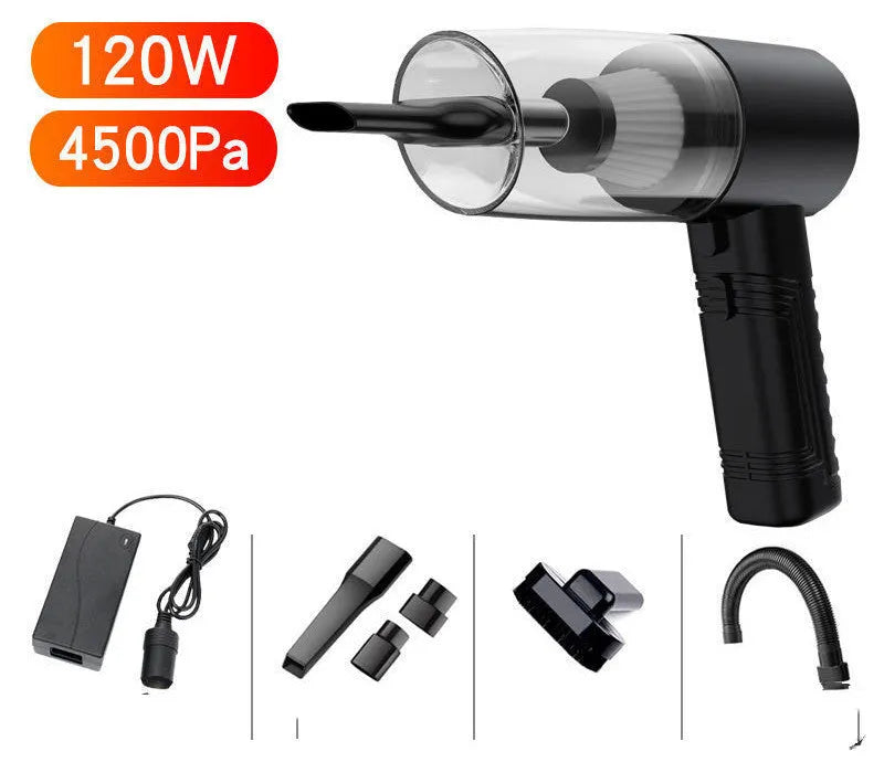 Black and white portable car vacuum cleaner with long cord and suction attachments for car and home use.