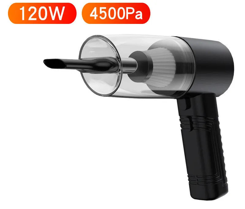Black and white portable car vacuum cleaner with long cord and suction attachments for car and home use.
