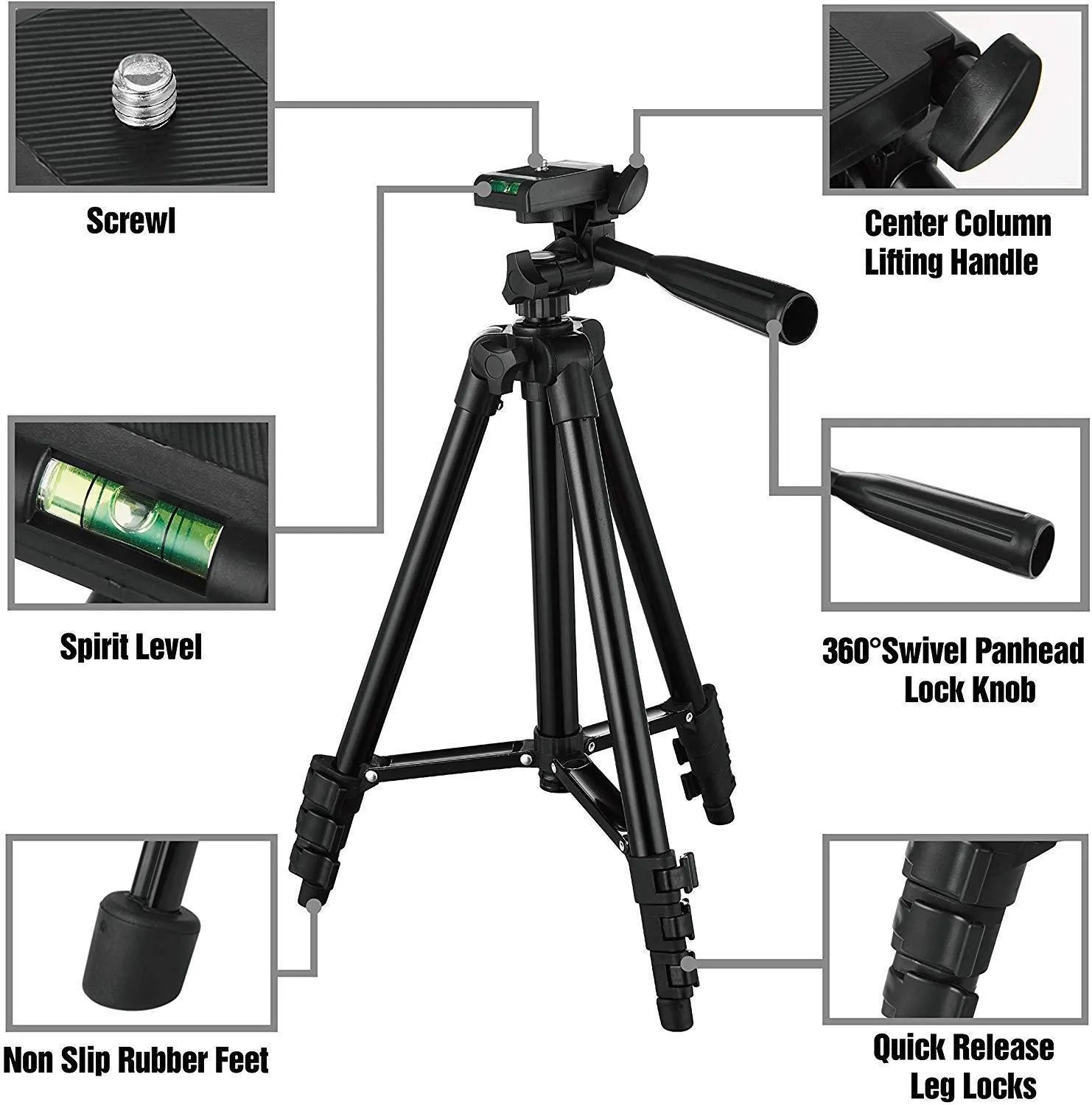 Black aluminium camera tripod with 3D head and four-section legs extended to maximum height