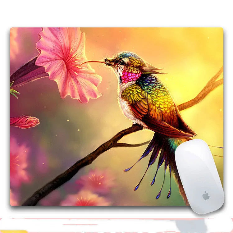 Custom mouse pad with cloth top, rubber non-slip base, showing one of eight available print styles.
