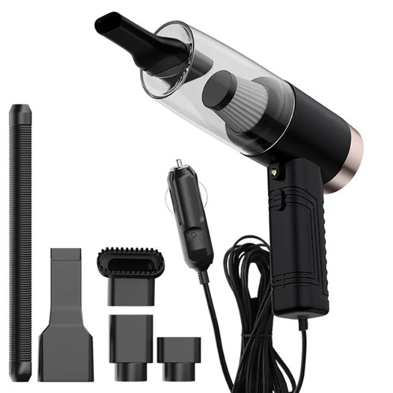 Black and white portable car vacuum cleaner with long cord and suction attachments for car and home use.
