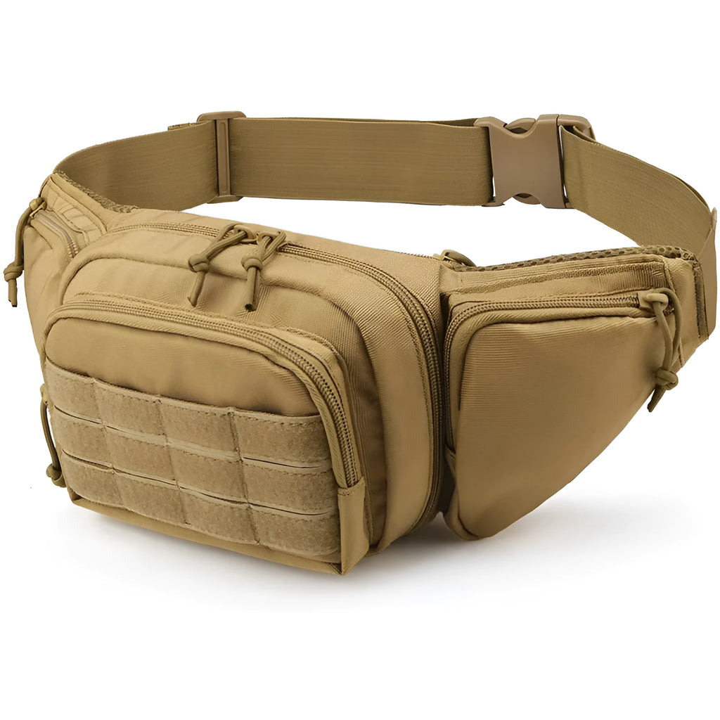 Tactical waist bag in black or khaki colour with multiple compartments and waist strap