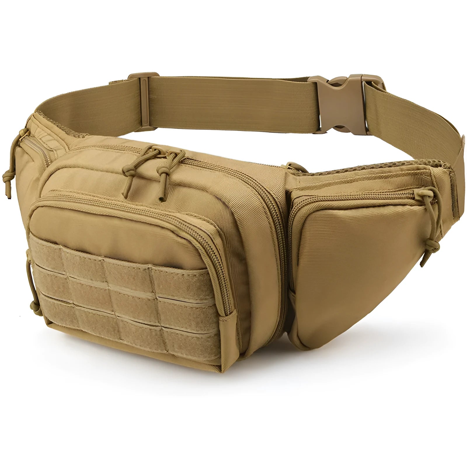 Tactical waist bag in black or khaki colour with multiple compartments and waist strap