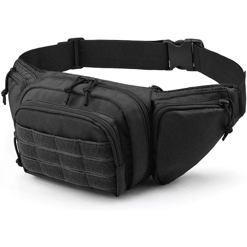 Tactical waist bag in black or khaki colour with multiple compartments and waist strap