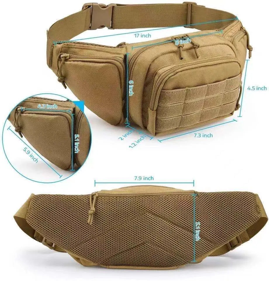 Tactical waist bag in black or khaki colour with multiple compartments and waist strap