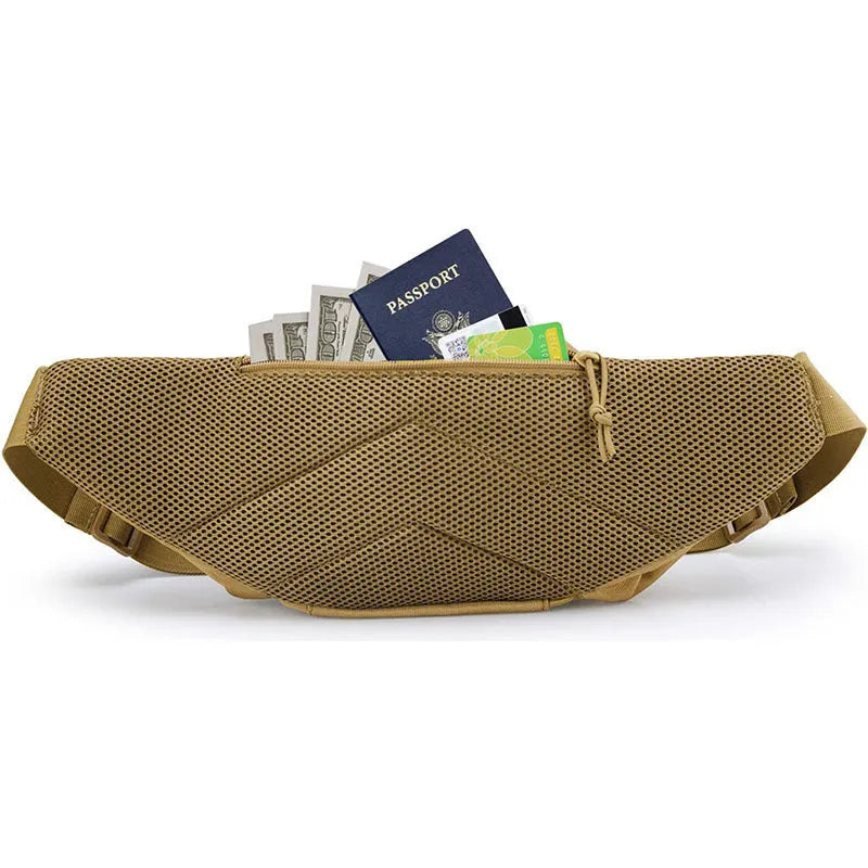 Tactical waist bag in black or khaki colour with multiple compartments and waist strap