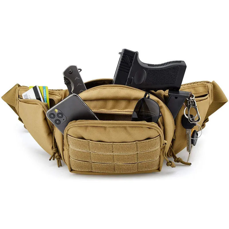 Tactical waist bag in black or khaki colour with multiple compartments and waist strap