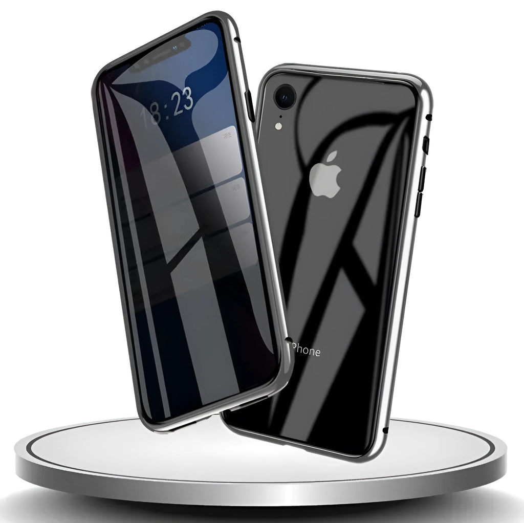 Glass clamshell anti-spy phone case in black, silver, red, gold, green, or blue for iPhone models.