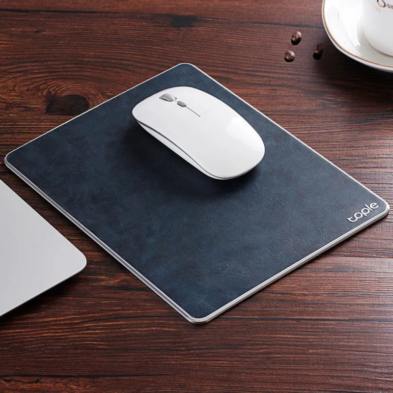 Oversized metal aluminium alloy mouse pad in black with PU leather surface and silicone base, 249x200x3.2mm, CNC chamfered edge