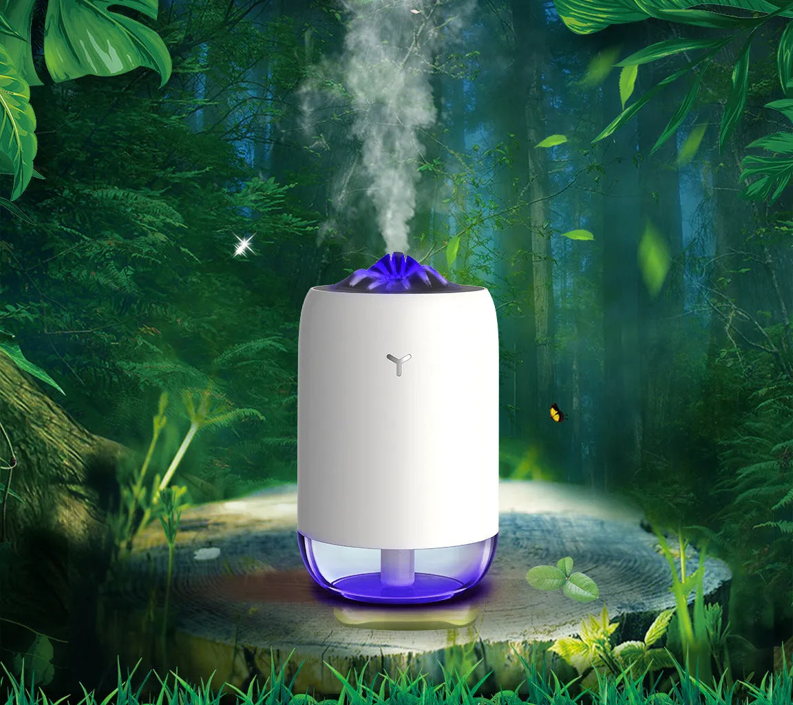 White columnar desktop humidifier with ultrasonic mist function and USB power cable