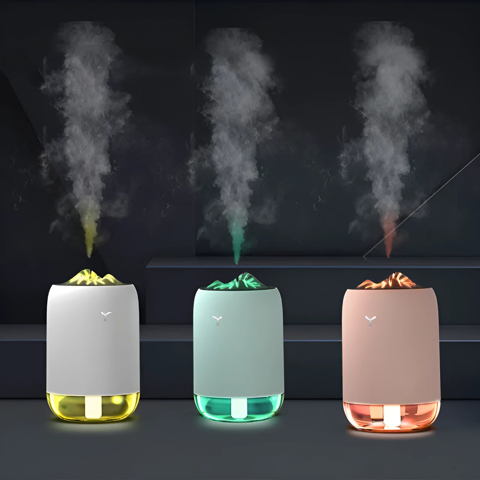 White columnar desktop humidifier with ultrasonic mist function and USB power cable
