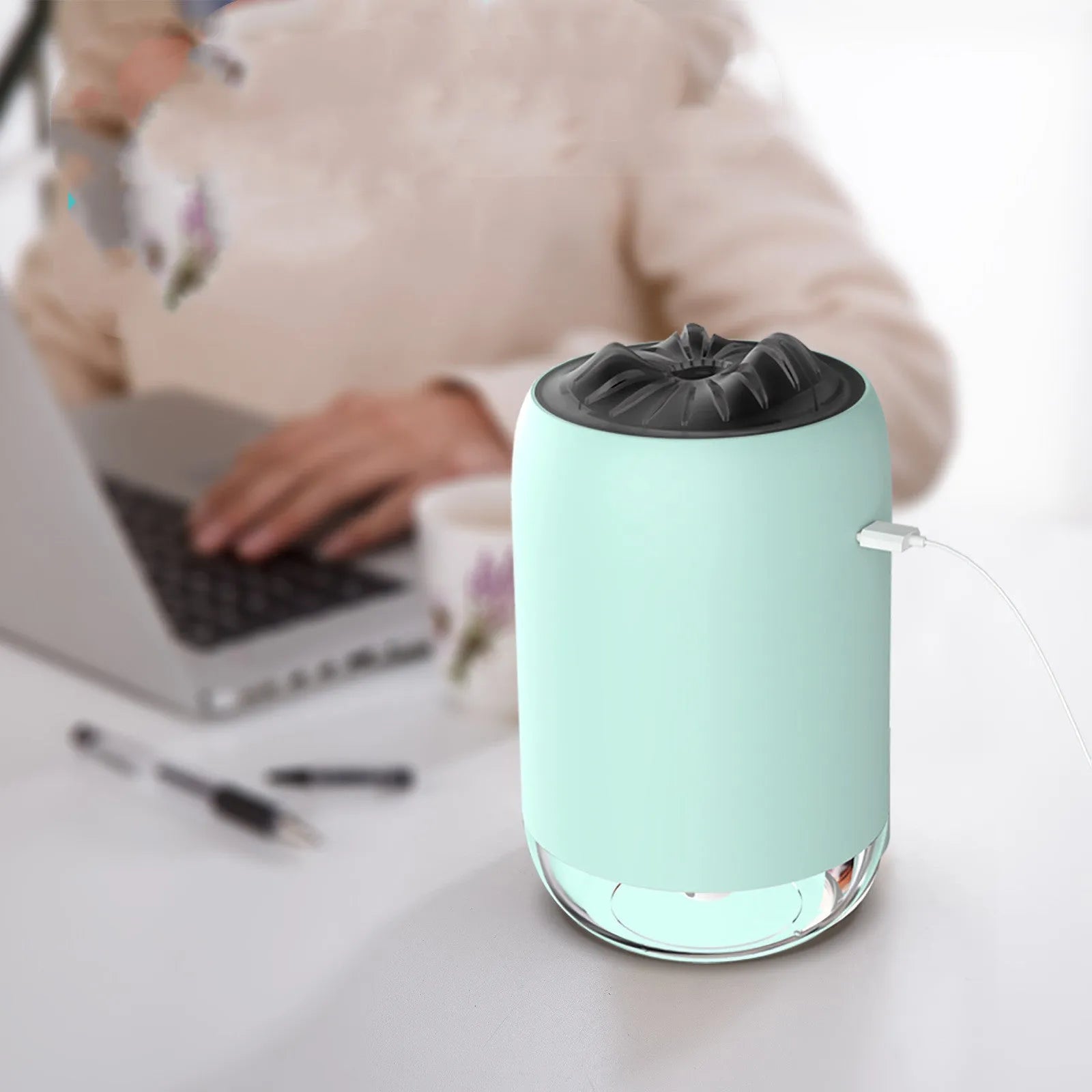 White columnar desktop humidifier with ultrasonic mist function and USB power cable