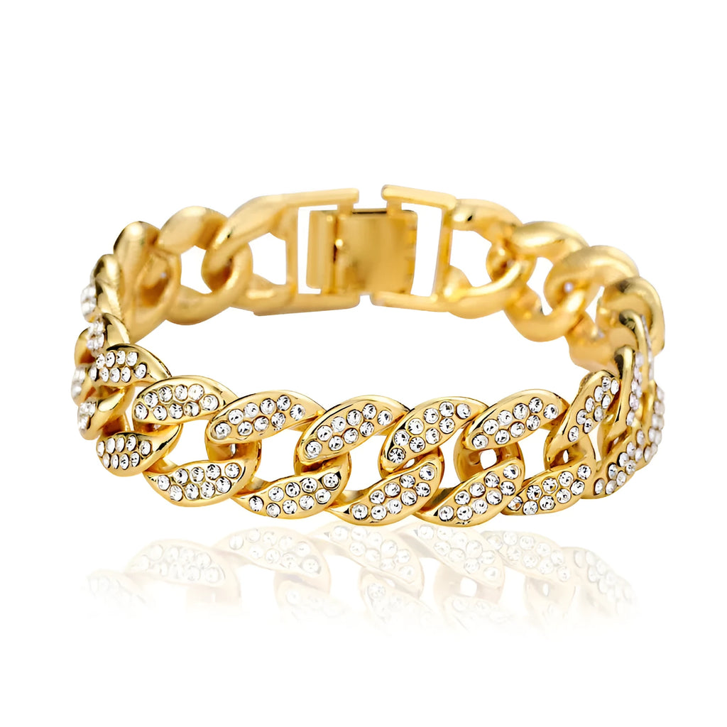 Gold Cuban flat buckle bracelet with crystal rhinestones on wrist, 15mm wide, 8 inch length