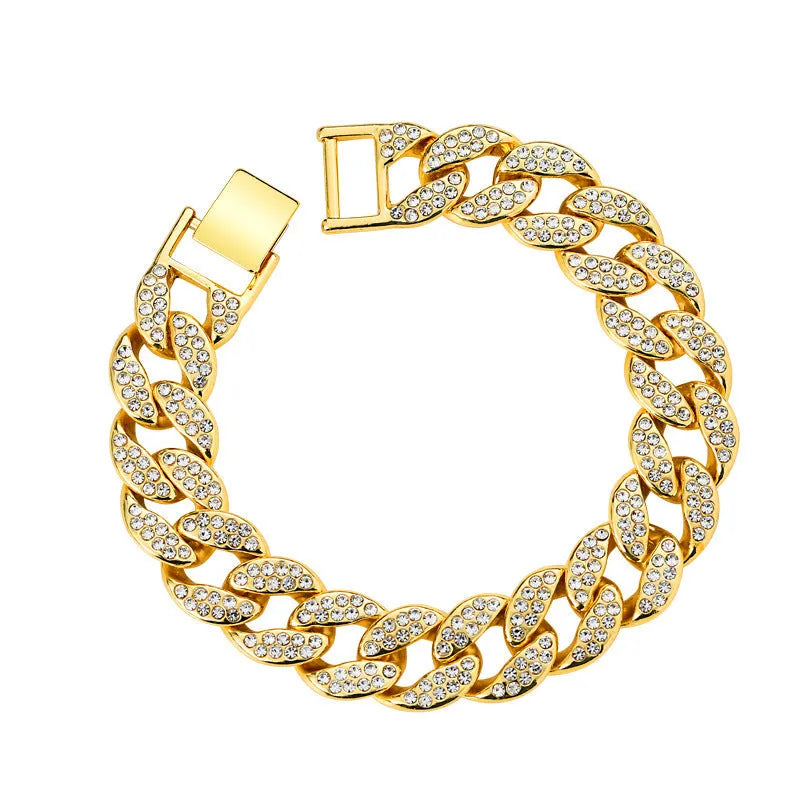 Gold Cuban flat buckle bracelet with crystal rhinestones on wrist, 15mm wide, 8 inch length