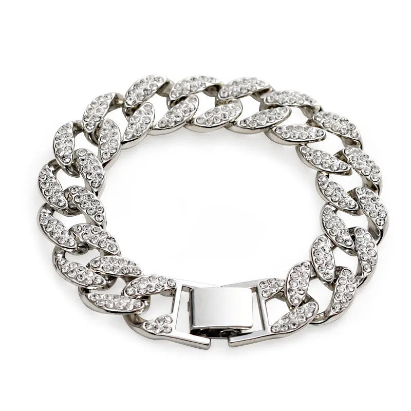 Gold Cuban flat buckle bracelet with crystal rhinestones on wrist, 15mm wide, 8 inch length