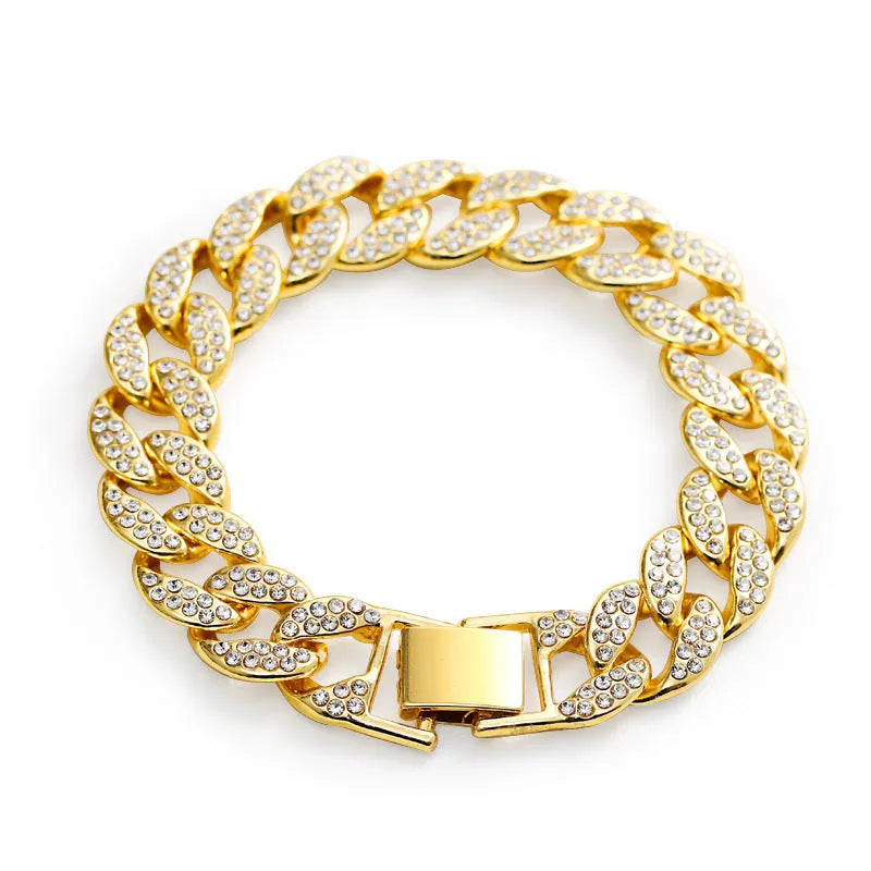 Gold Cuban flat buckle bracelet with crystal rhinestones on wrist, 15mm wide, 8 inch length