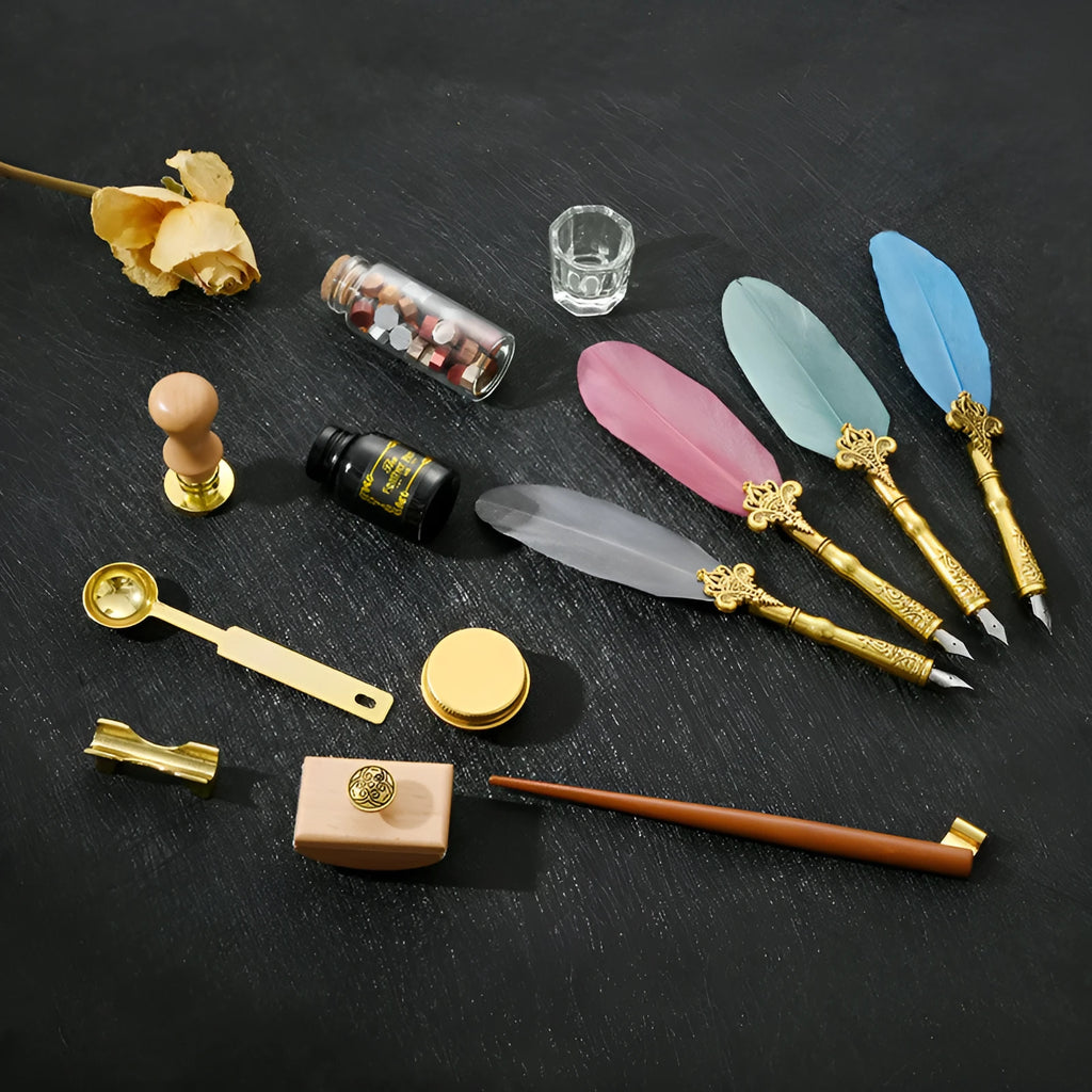 Creative dipped feather pen set with wax seal kit, solid wood pen, and ink in gift box