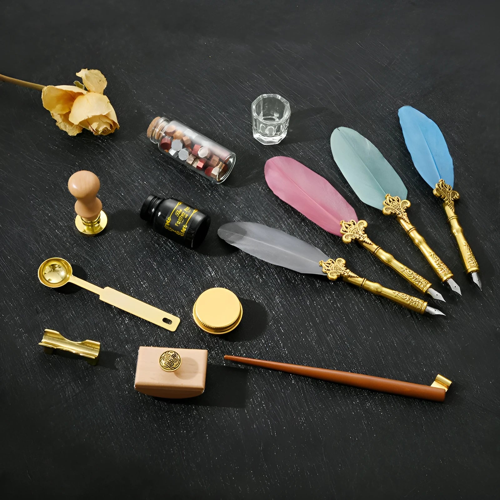 Creative dipped feather pen set with wax seal kit, solid wood pen, and ink in gift box