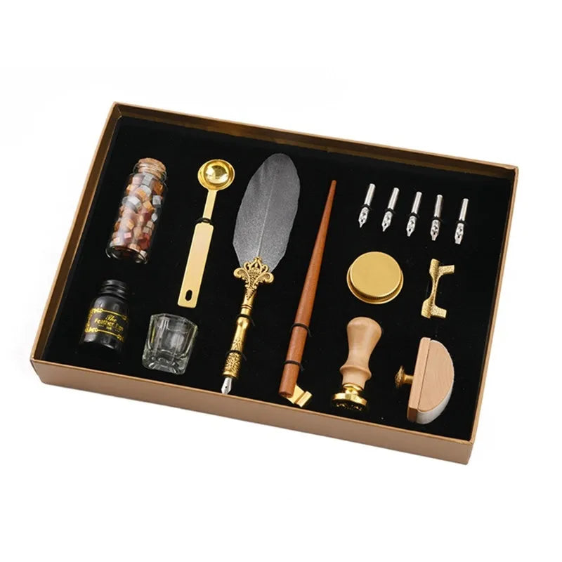 Creative dipped feather pen set with wax seal kit, solid wood pen, and ink in gift box
