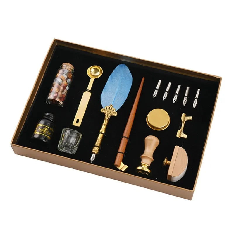 Creative dipped feather pen set with wax seal kit, solid wood pen, and ink in gift box