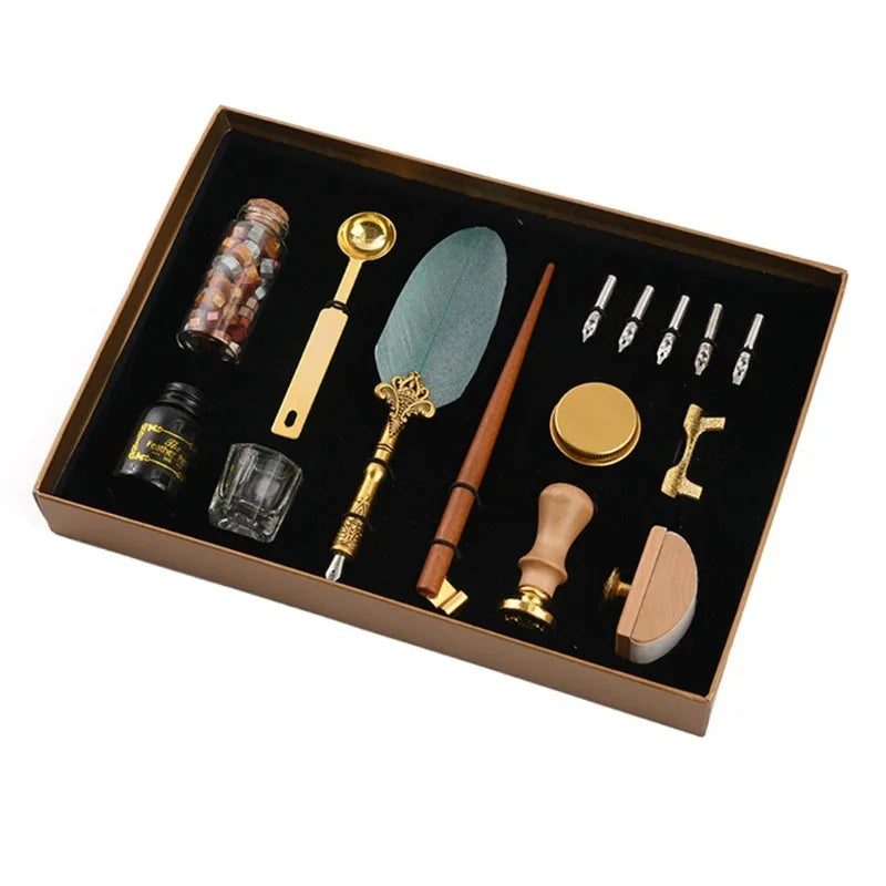 Creative dipped feather pen set with wax seal kit, solid wood pen, and ink in gift box