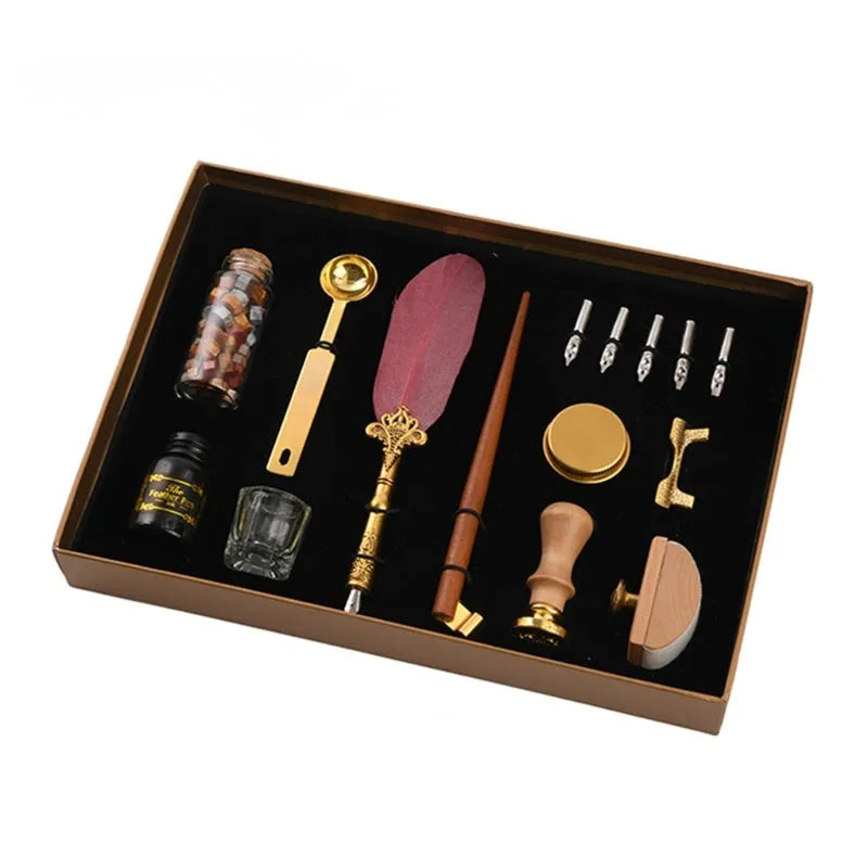 Creative dipped feather pen set with wax seal kit, solid wood pen, and ink in gift box