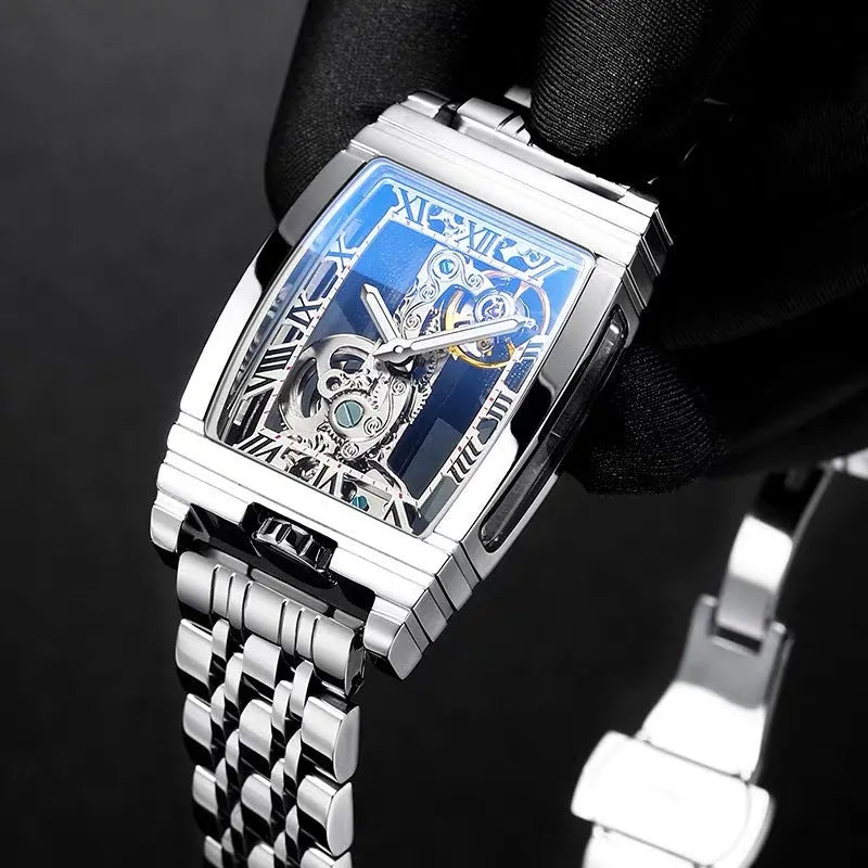 Daystar stainless steel mechanical watch with square dial and leather strap