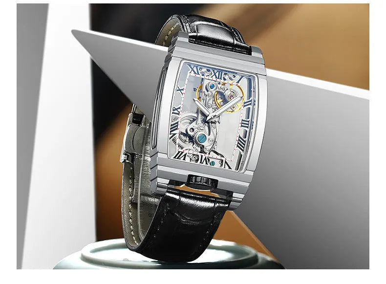 Daystar stainless steel mechanical watch with square dial and leather strap
