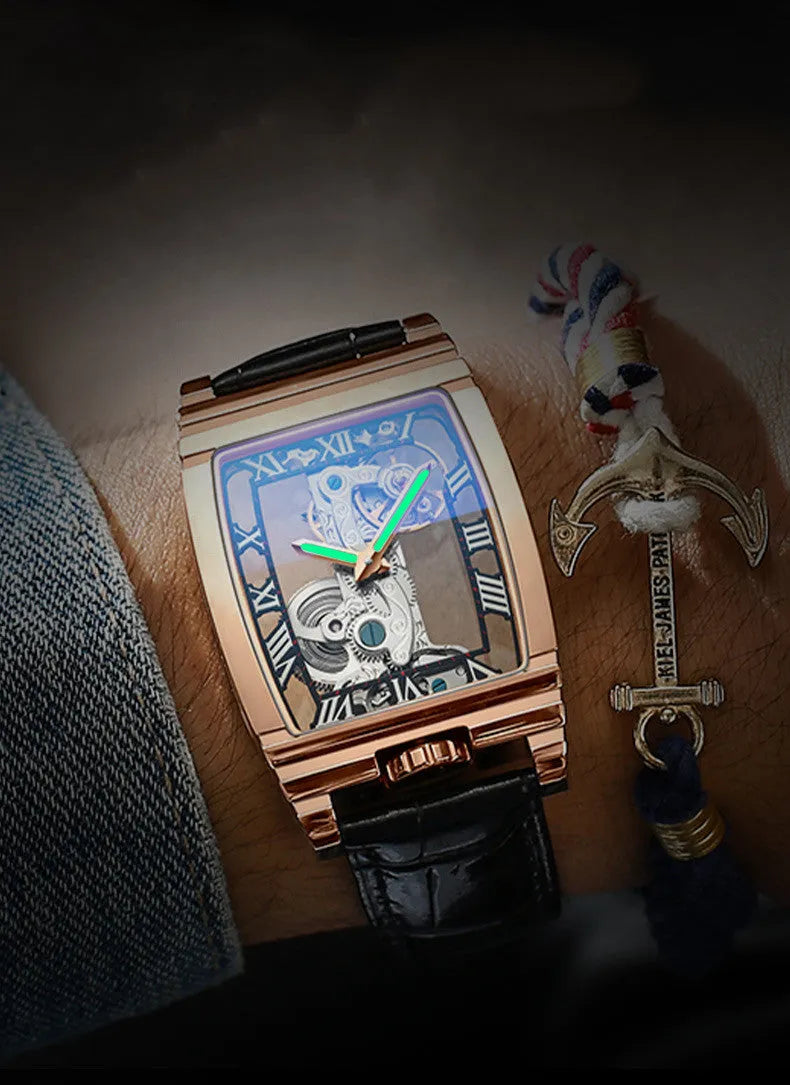 Daystar stainless steel mechanical watch with square dial and leather strap