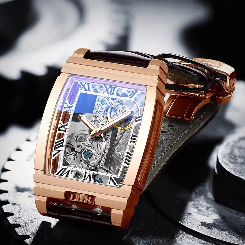 Daystar stainless steel mechanical watch with square dial and leather strap