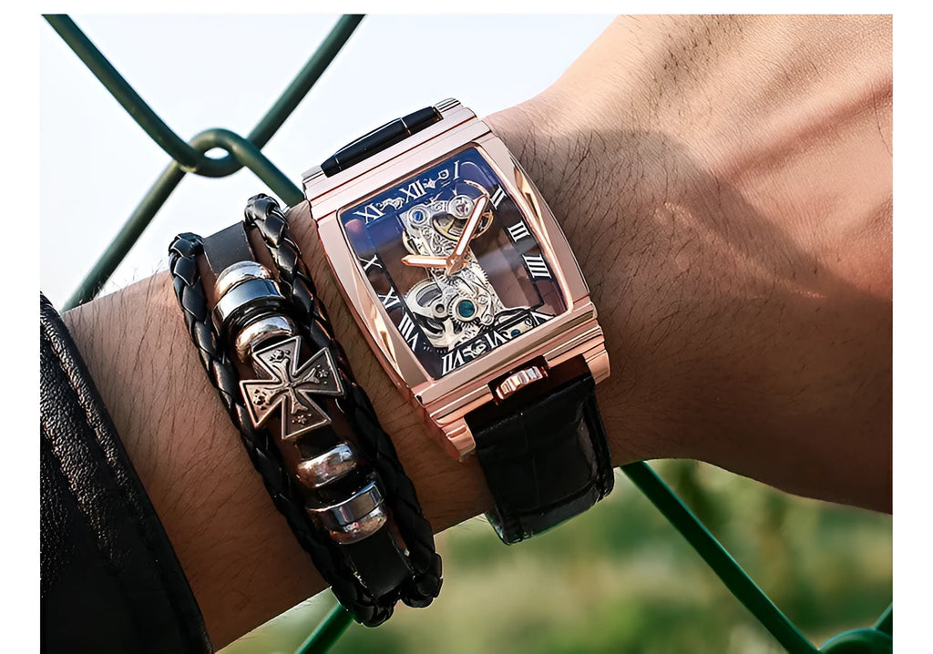 Daystar stainless steel mechanical watch with square dial and leather strap
