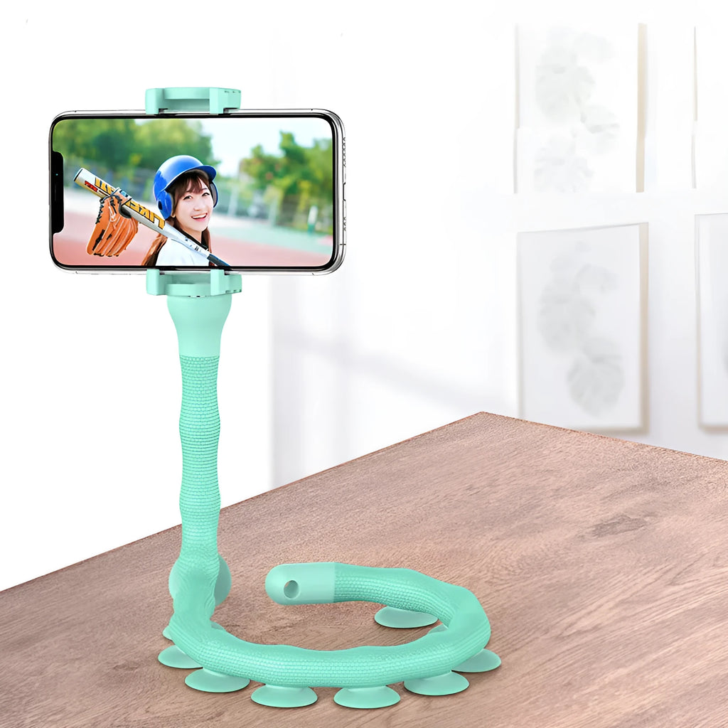 Flexible lazy bracket phone holder with suction cup mount in extended position