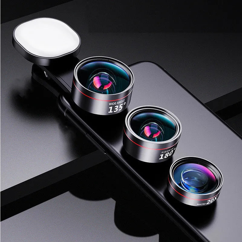 Universal fill light attachment for smartphone cameras with multiple lens options and integrated lighting