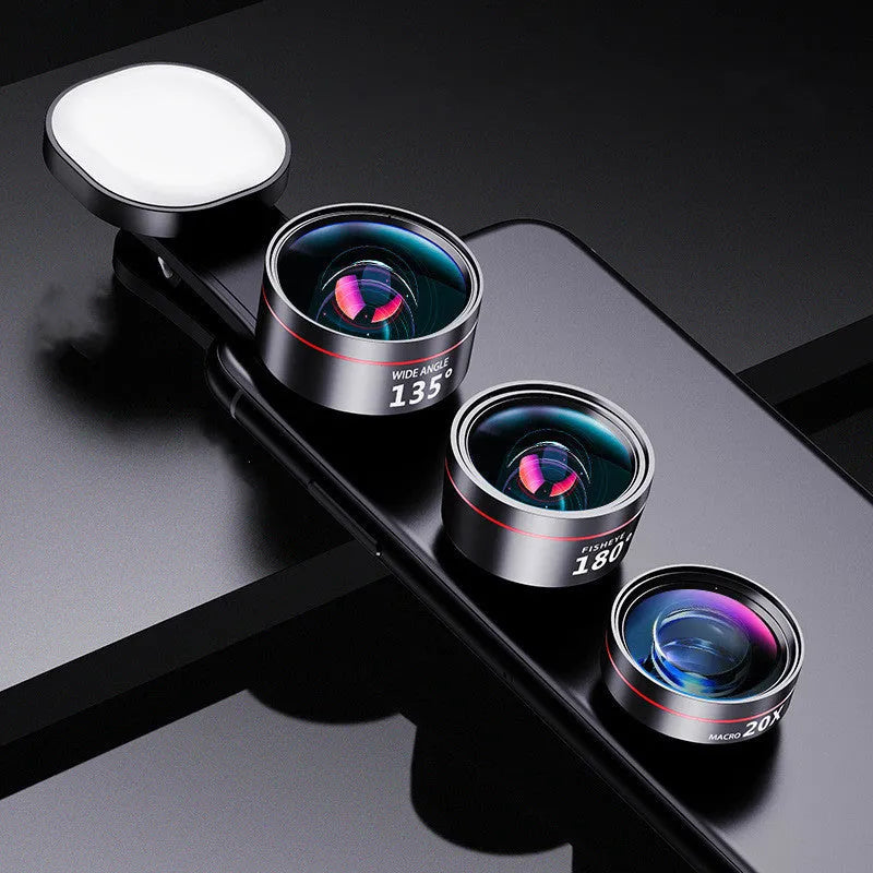 Universal fill light attachment for smartphone cameras with multiple lens options and integrated lighting