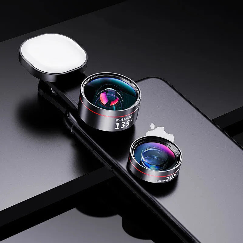 Universal fill light attachment for smartphone cameras with multiple lens options and integrated lighting