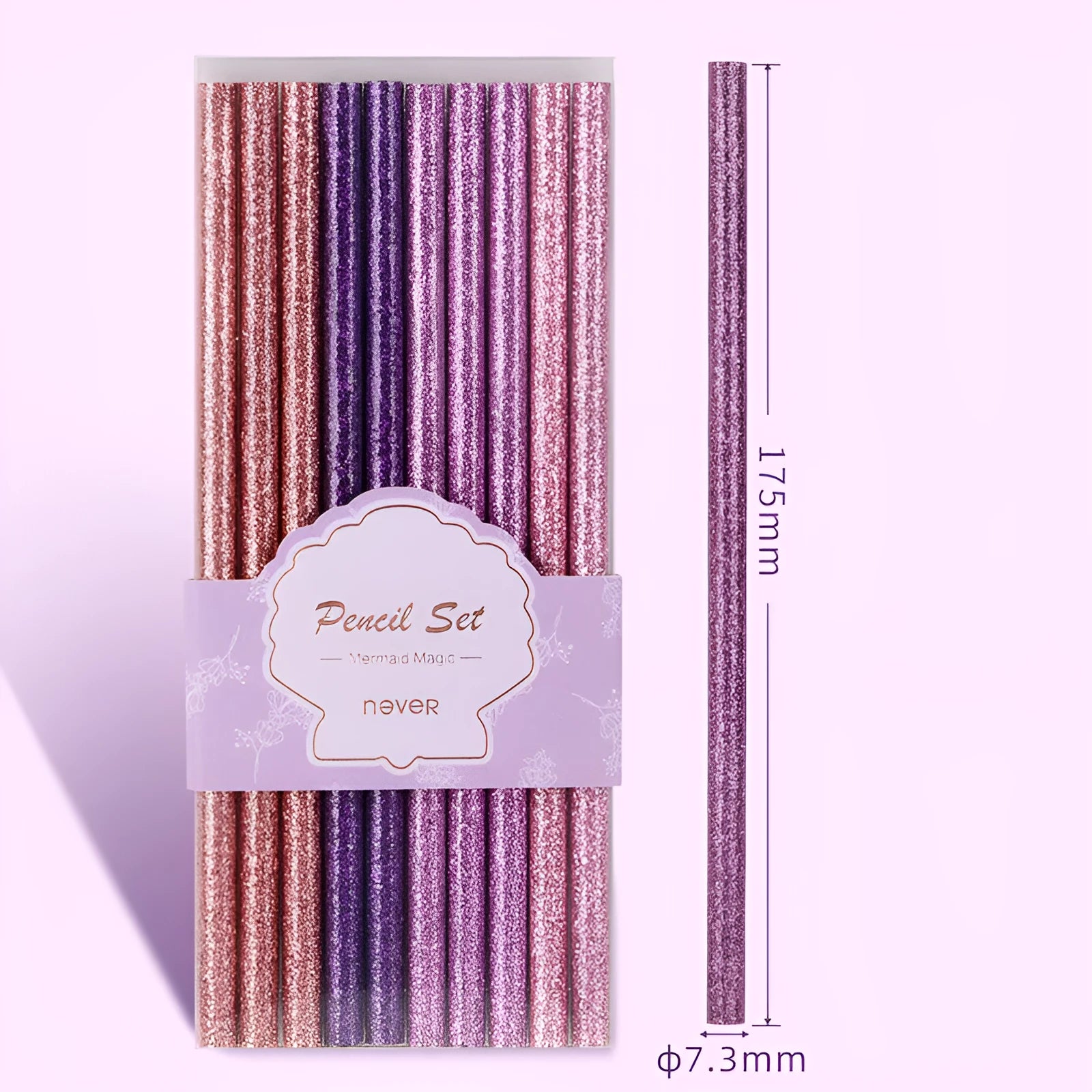 Mixed colour HB pencil pack in display box with writing test rod, purple glitter and pale pink options