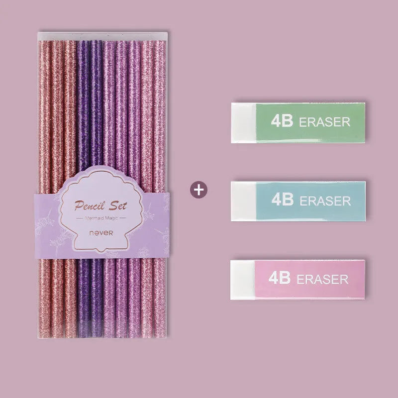 Mixed colour HB pencil pack in display box with writing test rod, purple glitter and pale pink options