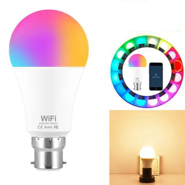 15W WiFi smart LED light bulb with colour-changing RGB and dimmable functions in E27 and B22 base options